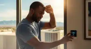 Homeowner looking concerned as he adjusts a thermostat reading 65°F, with an outdoor AC unit visible through the window