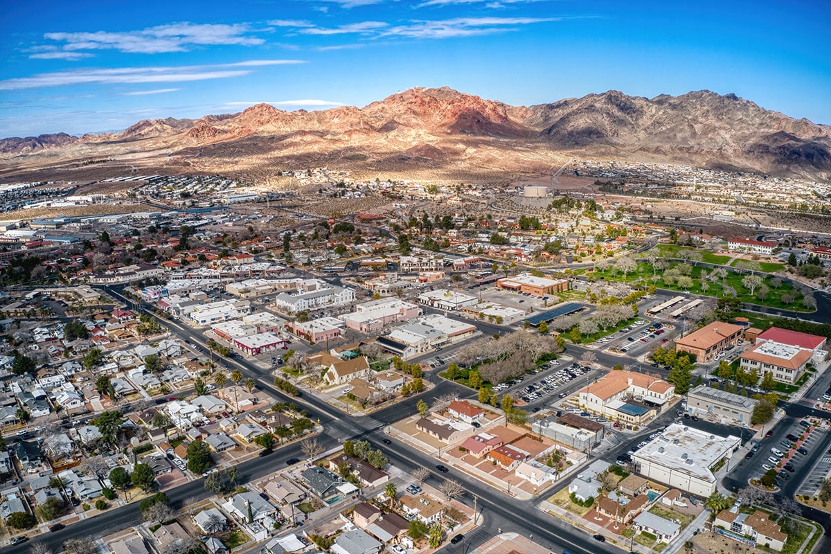 Aerial view of Boulder City homes and desert mountains—local setting for HVAC service in 89005.