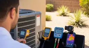 Technician holding an infrared thermometer next to HVAC manifold gauges and a smartphone displaying a thermal image, with an outdoor condenser unit in the background