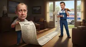 Worried homeowner holding a long HVAC invoice while a smiling technician stands next to him with more paperwork, illustrating potential AC repair scams