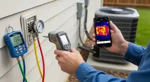 Technician holding an infrared thermometer and phone showing a thermal image, with HVAC manifold gauges and hoses connected to a wall unit
