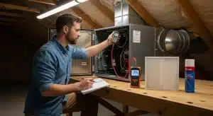 Technician in an attic inspecting an open air handler with pressure gauges, notebook, new filter, and refrigerant spray can on a wooden workbench