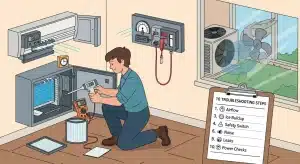 Technician kneeling by an open HVAC unit with tools and new filters, a clipboard shows ‘10 Troubleshooting Steps’ like airflow, ice buildup, safety switch, noise, leaks, and power checks