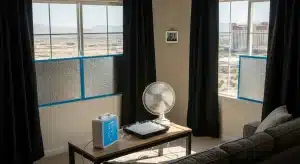 Tabletop fan blowing across a tray of ice and a portable cooling device in a sunny room with desert landscape outside the windows