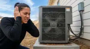 Woman covering her ears next to a loud outdoor air conditioning unit due to excessive noise