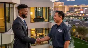Two professionals—a property manager in a suit and an HVAC technician—shaking hands on a rooftop terrace overlooking the Las Vegas skyline