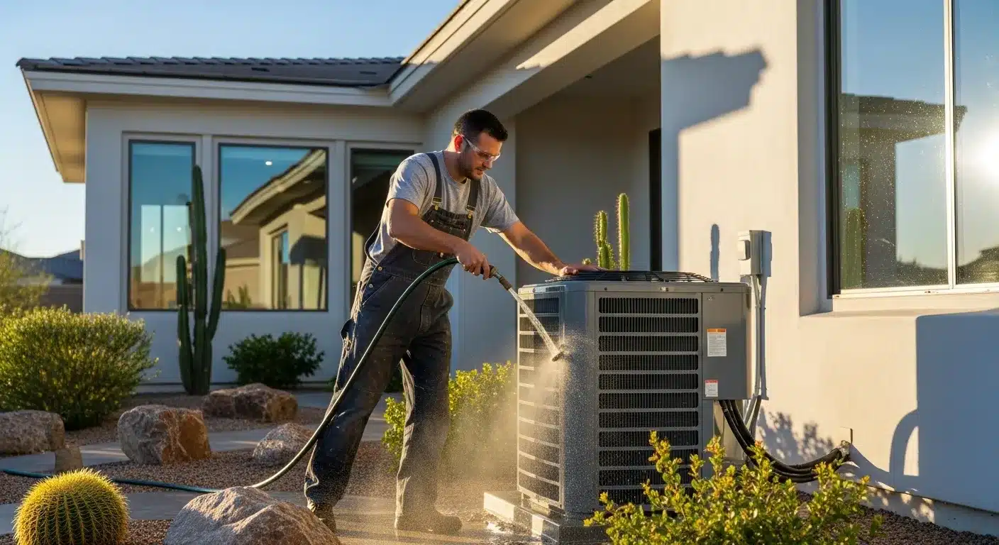 HVAC technician spraying down an outdoor air conditioning condenser unit beside a desert-style home